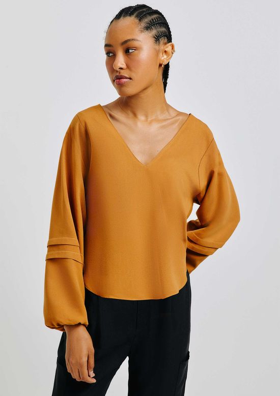 Foto do produto: Blusa Feminina Decote V Manga Longa Bufante - Marrom