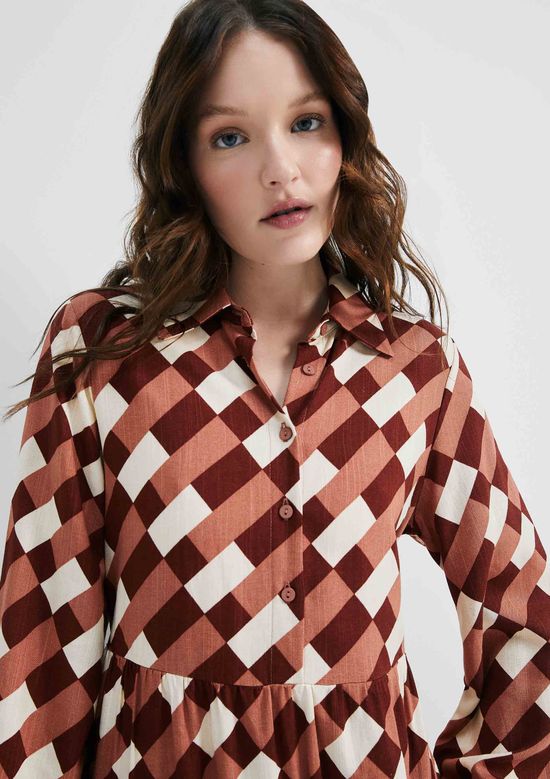 Foto do produto: Vestido Longo Estampado Manga Longa Em Viscolinho - Vinho