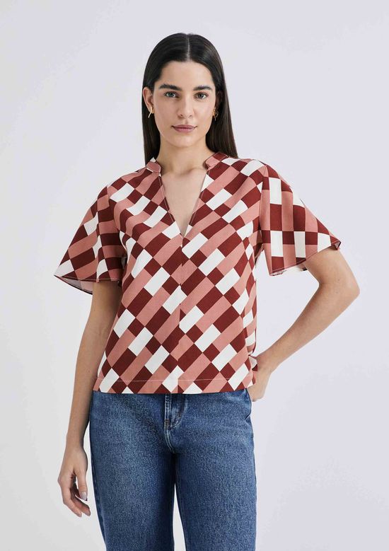Foto do produto: Blusa Feminina Manga Evasê Estampada Em Viscolinho - Vinho