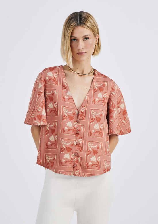 Foto do produto: Blusa Feminina Estampada Decote V Com Botões - Marsala