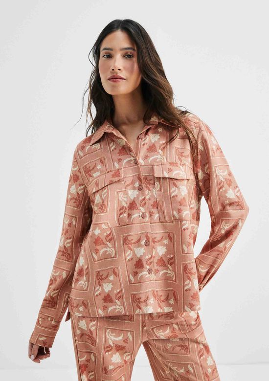 Foto do produto: Camisa Feminina Manga Longa Estampada Em Viscolinho - Marsala