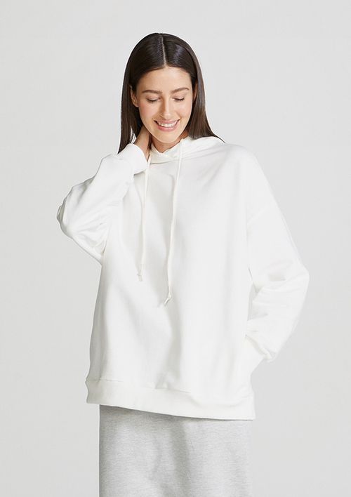 Blusão Básico Feminino Em Moletom Peluciado Oversized Com Capuz - Off White