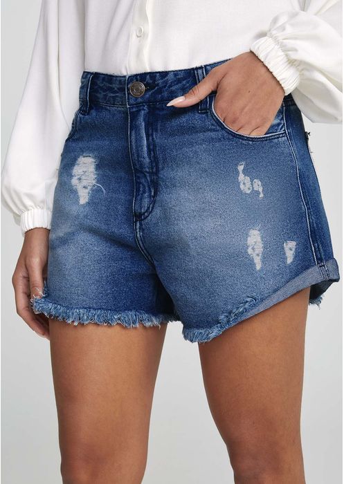 Shorts Jeans Feminino Cintura Alta Boyfriend - Azul
