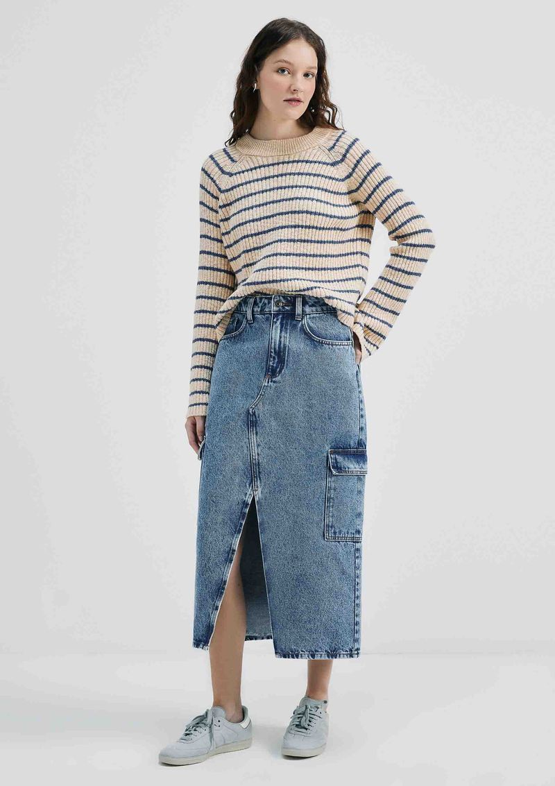 Fashion saia jeans midi com fenda na frente