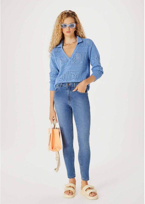 Calça Jeans Feminina Cintura Média Skinny - Azul Médio