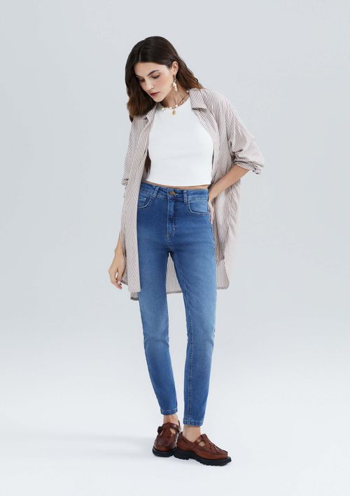 Calça Jeans Básica Feminina Cintura Média Skinny - Azul