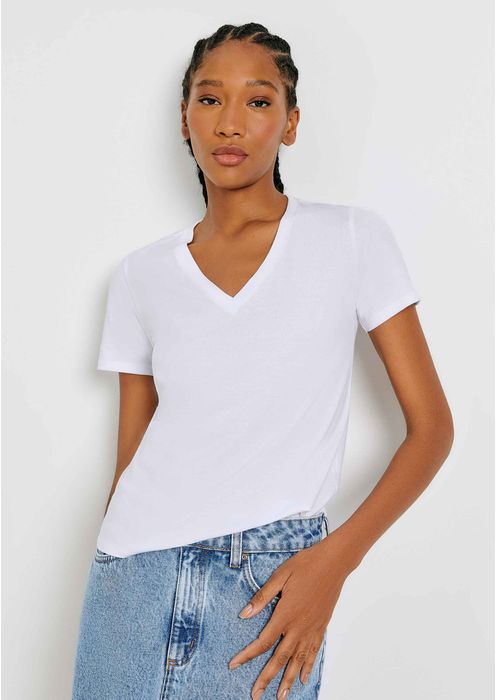 Blusa Básica Feminina Em Algodão Com Decote V - Branco
