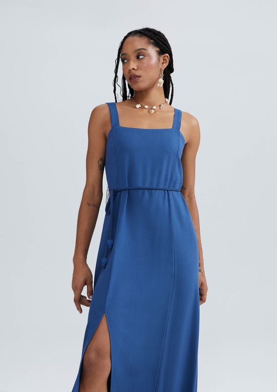 Foto do produto: Vestido Midi Com Fenda Em Viscolinho - Azul