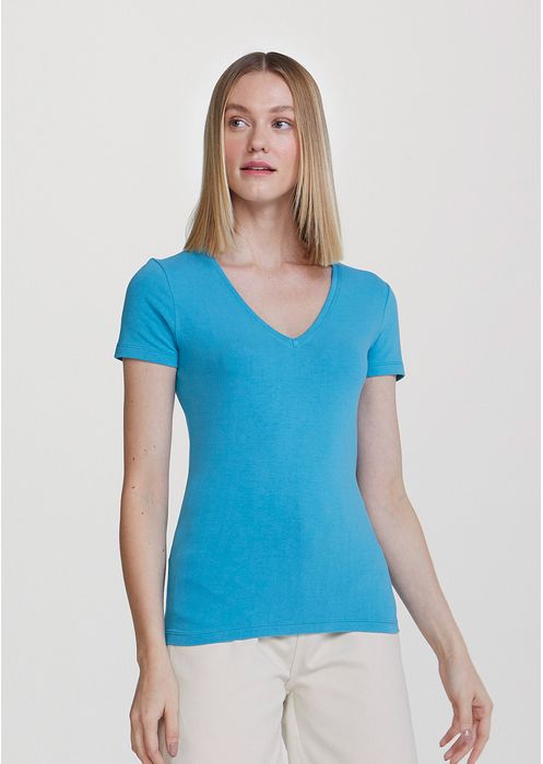 Blusa Feminina Básica Decote V Com Elastano - Azul