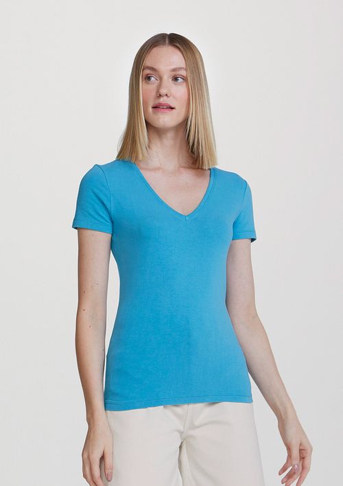 Blusa Básica Feminina Decote V Com Elastano - Azul