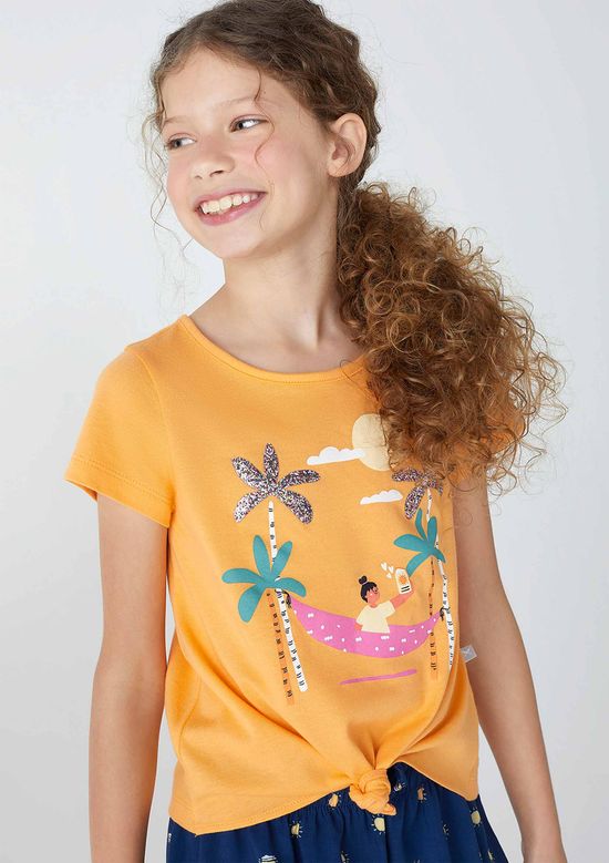 Foto do produto: Blusa Infantil Menina Manga Curta Estampada - Laranja