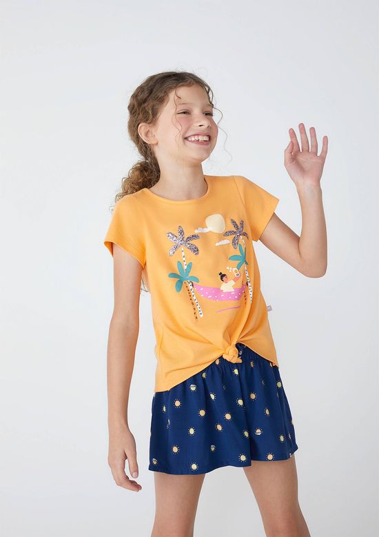 Foto do produto: Blusa Infantil Menina Manga Curta Estampada - Laranja