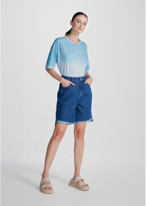 Bermuda Jeans Feminina Com Barras Desfiadas - Azul