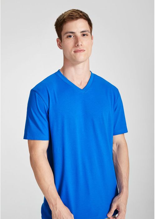 Camiseta Básica Masculina Manga Curta Com Decote V World - Azul