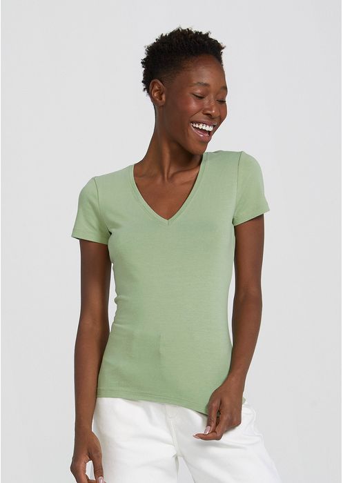 Blusa Básica Feminina Decote V Com Elastano - Verde Médio