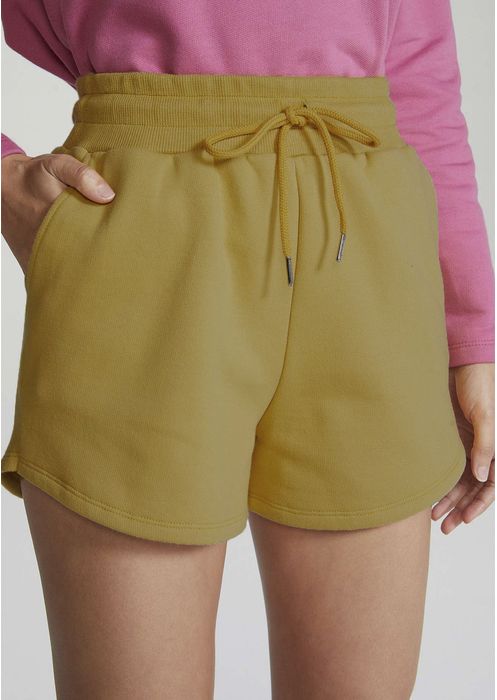 Shorts Básico Feminino Cintura Média Em Moletom Com Amarração - Amarelo