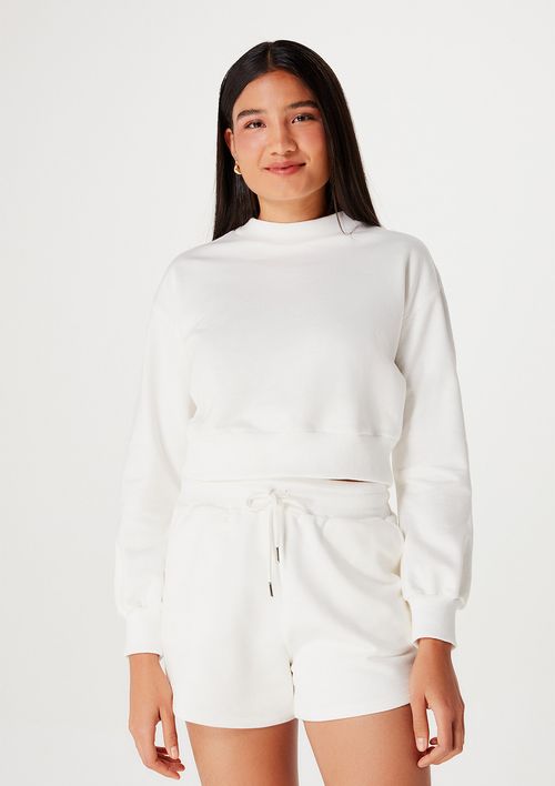 Blusão Básico De Moletom Feminino Cropped Em Algodão - Off White