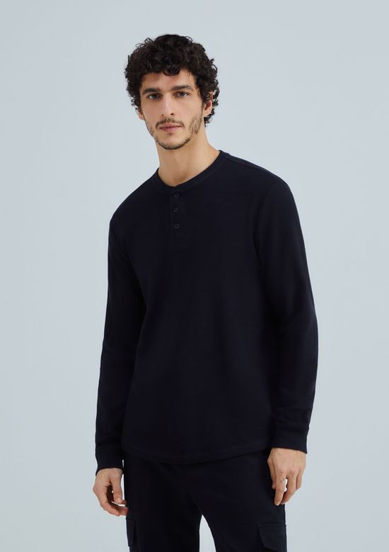 Foto do produto: Camiseta Básica Henley Masculina Manga Longa Texturizada - Preto