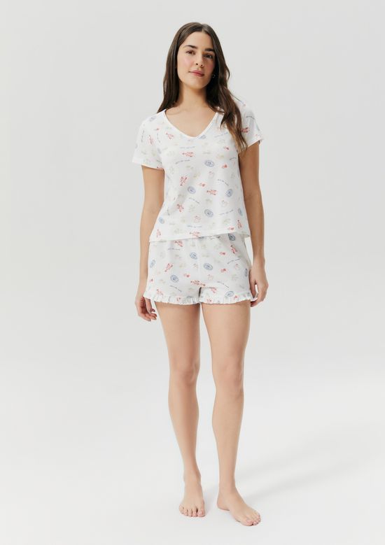 Foto do produto: Pijama Curto Feminino Estampado Decote V - Off white