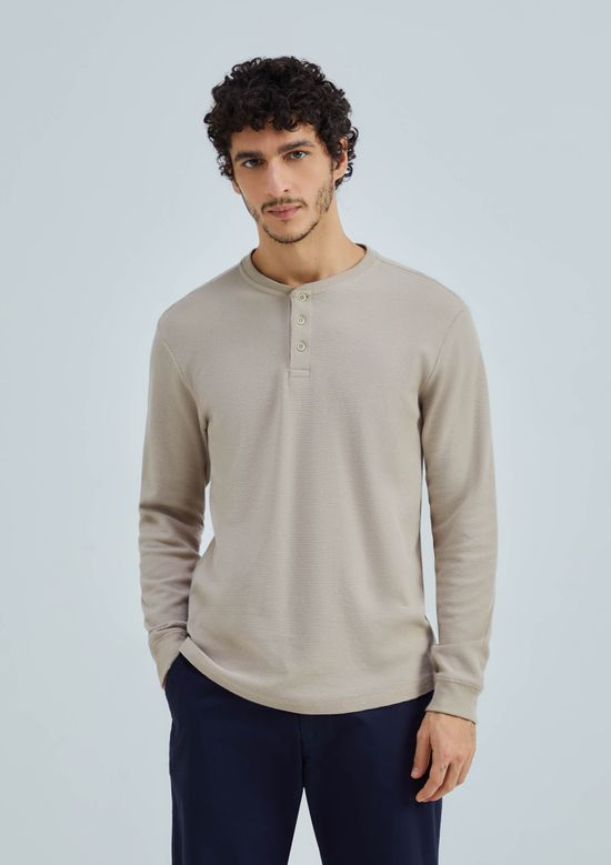 Foto do produto: Camiseta Básica Henley Masculina Manga Longa Texturizada - Bege