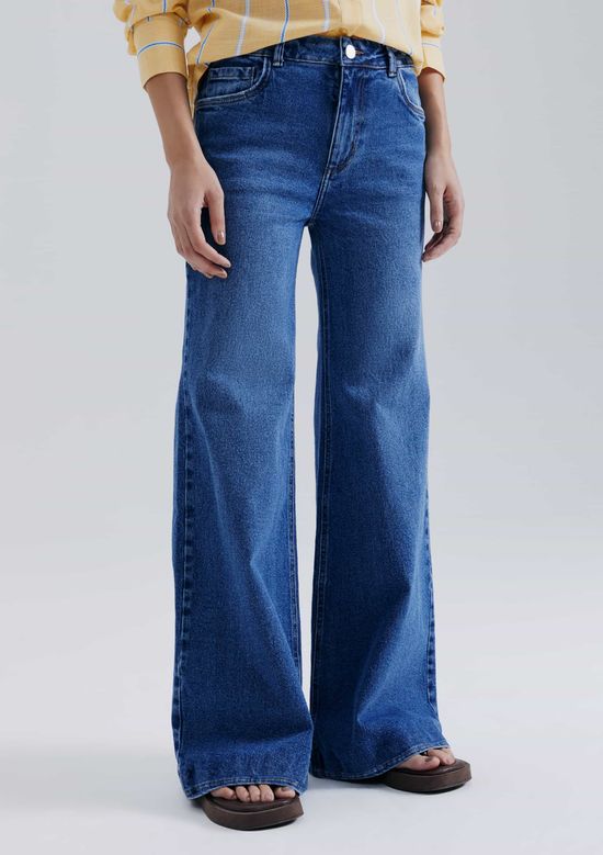 Foto do produto: Calça Jeans Feminina Pantalona Cintura Alta Com elastano - Azul