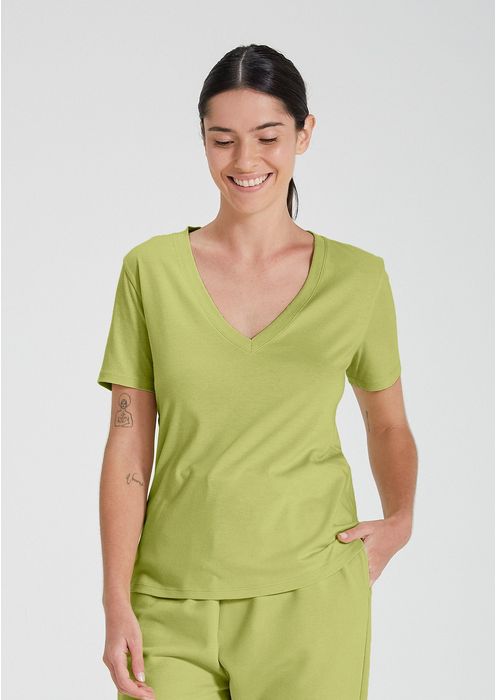 Blusa Básica Feminina Em Algodão Com Decote V - Verde Claro