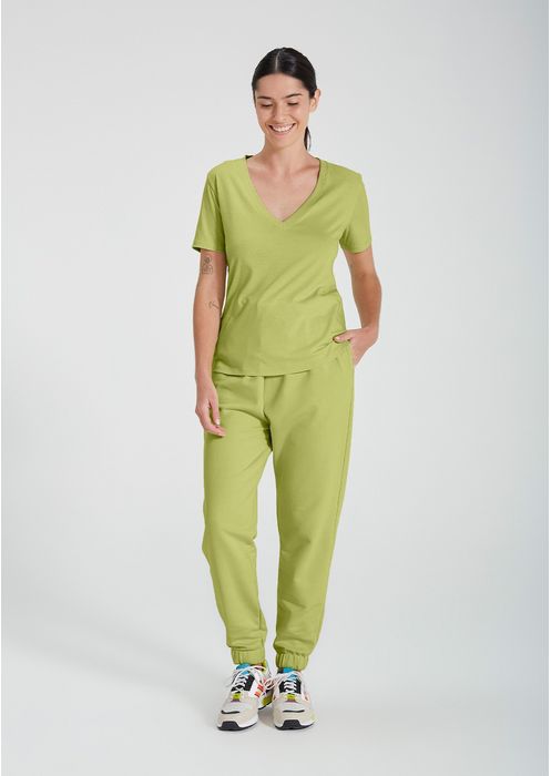Blusa Básica Feminina Em Algodão Com Decote V - Verde Claro