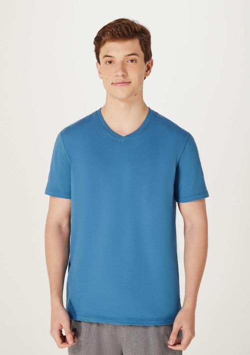 Camiseta Básica Masculina Manga Curta Decote V World - Azul