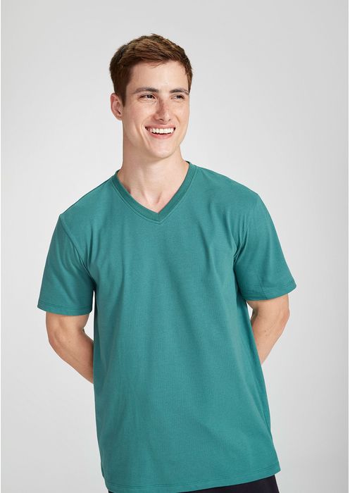 Camiseta Básica Masculina Manga Curta Com Decote V World - Verde Médio