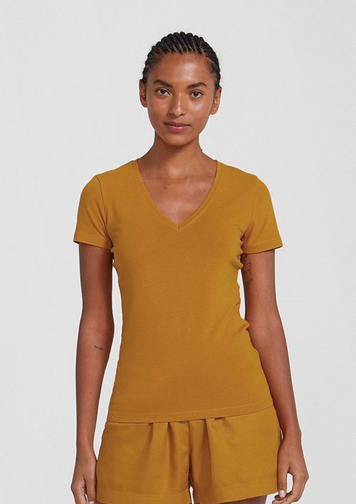 Blusa Básica Feminina Decote V Com Elastano - Amarelo