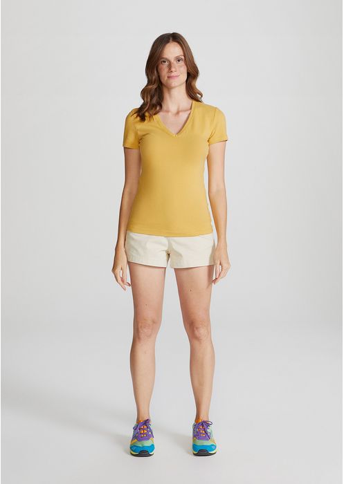 Blusa Básica Feminina Decote V Com Elastano - Amarelo