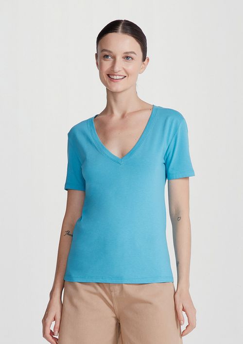 Blusa Básica Feminina Em Algodão Com Decote V - Azul