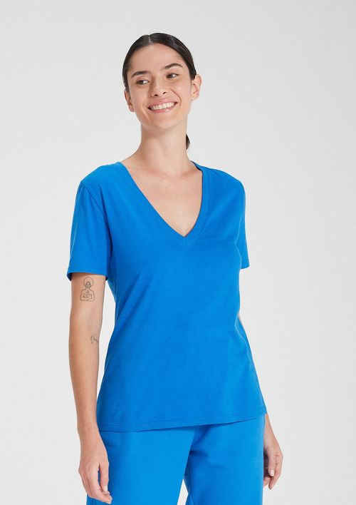 Blusa Básica Feminina Em Algodão Com Decote V - Azul