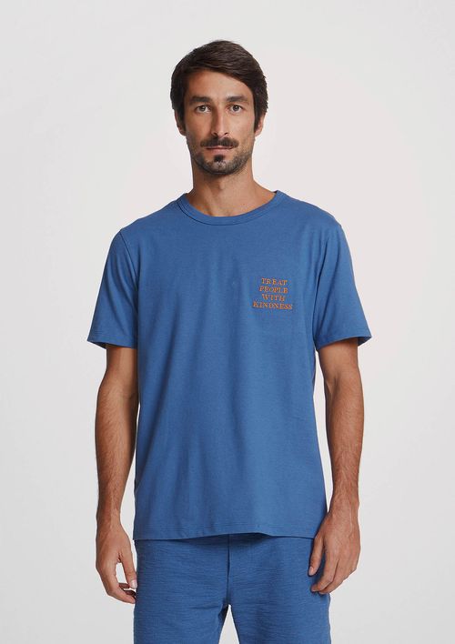 Camiseta Manga Curta Masculina Com Bordado - Azul