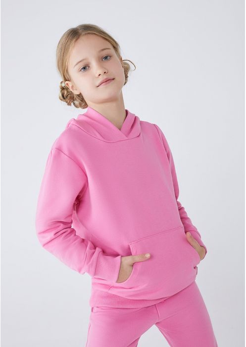 Blusão Básico Infantil Menina Em Moletom Peluciado Com Capuz - Rosa
