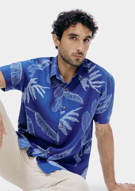 Foto do produto: Camisa Masculina Manga Curta Estampada Em Linho - Azul