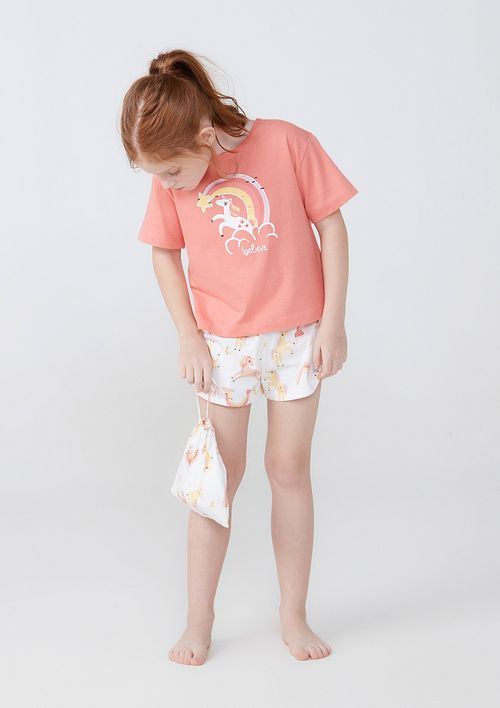 Pijama Infantil Menina Curto Estampado - Off White