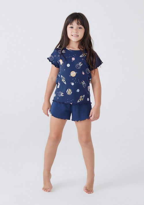 Pijama Infantil Menina Curto Estampado - Azul