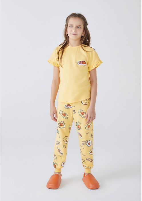 Pijama Infantil Menina Curto Com Babados - Amarelo