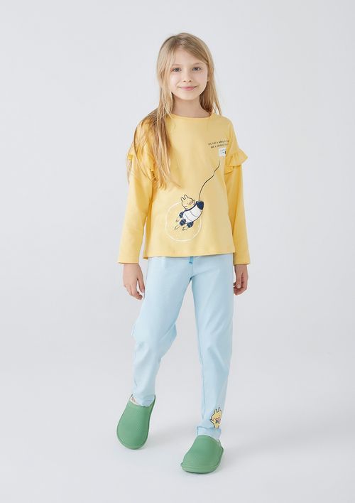 Pijama Infantil Menina Longo Com Babados - Amarelo