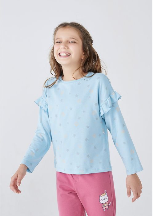 Pijama Infantil Menina Longo Com Babados - Azul