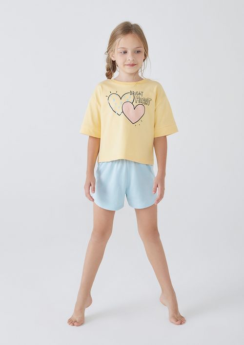 Pijama Infantil Menina Curto Estampado - Amarelo