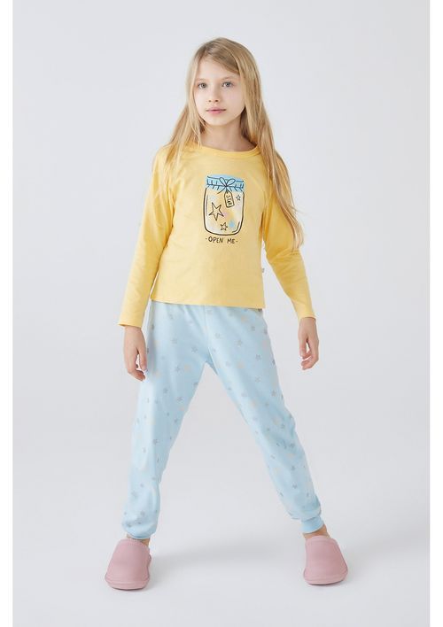 Pijama Infantil Menina Longo Estampado - Amarelo