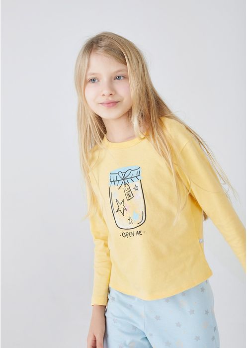 Pijama Infantil Menina Longo Estampado - Amarelo