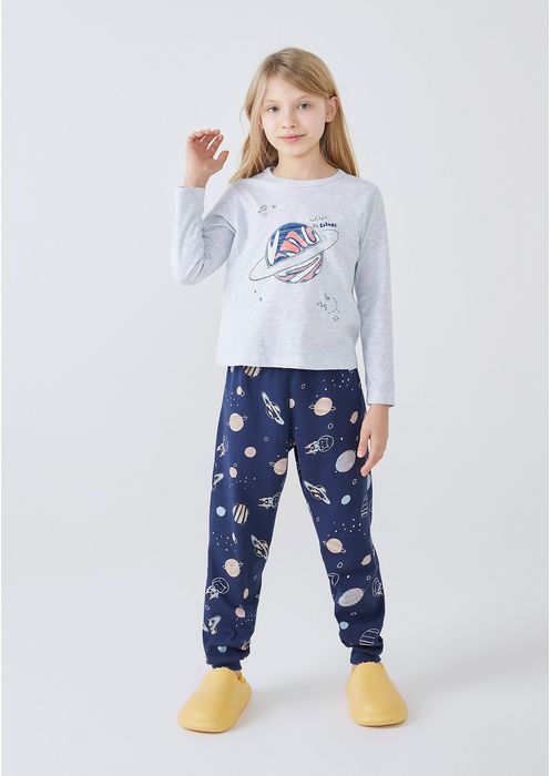 Pijama Infantil Menina Longo Estampado - Cinza