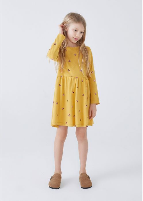 Vestido Curto Infantil Estampado Manga Longa - Amarelo