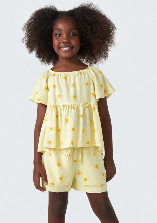 Foto do produto: Blusa Bata Infantil Menina Estampada Com Linho - Amarelo