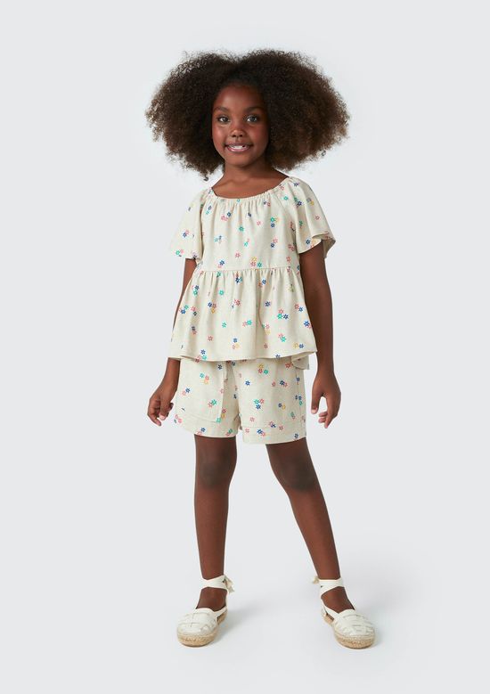 Foto do produto: Shorts Infantil Menina Floral Com Linho - Bege