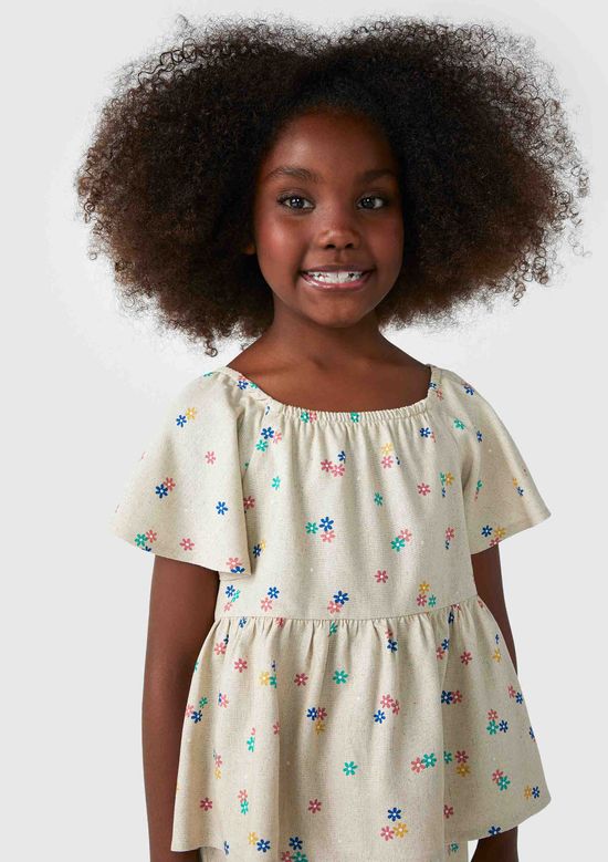 Foto do produto: Blusa Bata Infantil Menina Floral Com Linho - Bege