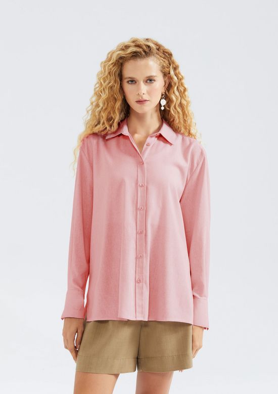 Foto do produto: Camisa Feminina Ampla Manga Longa Com Linho - Rosa